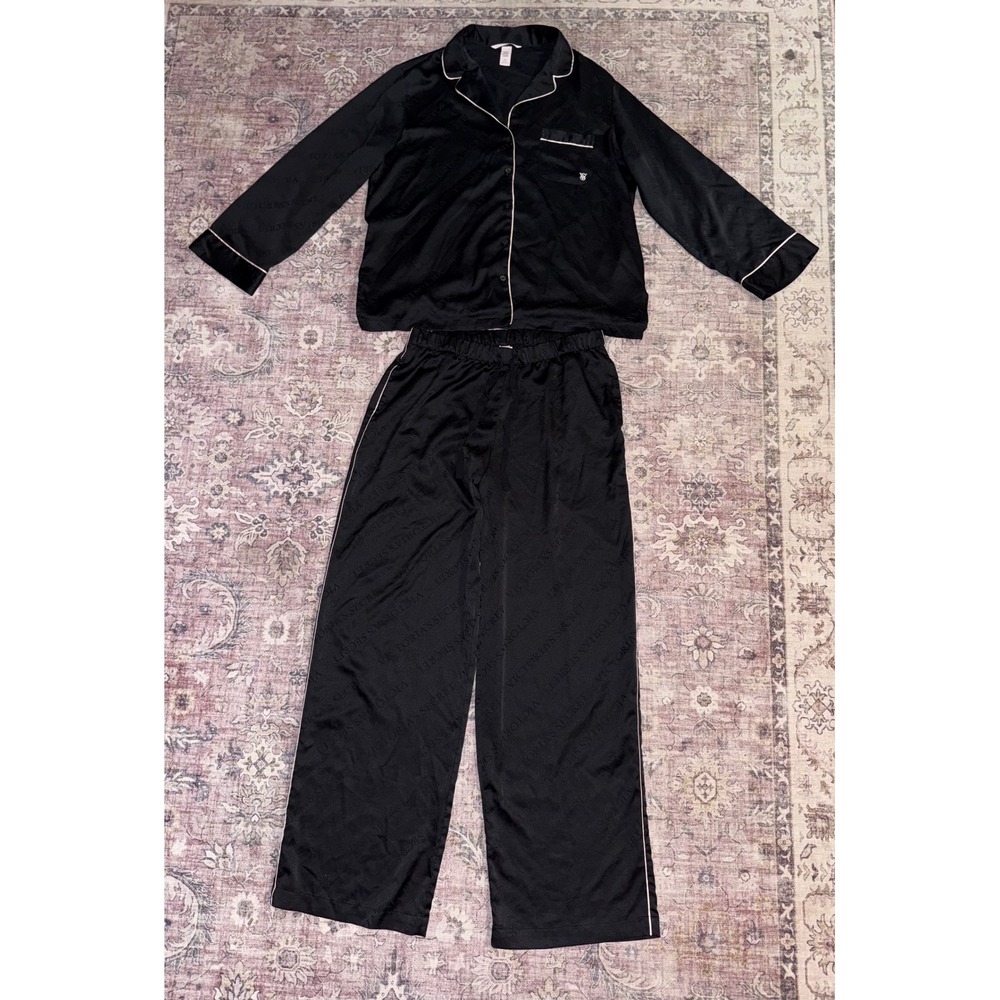 Victoria's Secret Black Satin Logo Pajama Set Long Sleeve Button Down Pants M